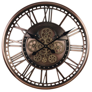 Introducing the Steampunk Wall Clock, a round timepiece adorned with Roman numerals and exposed gears at its center, ideal for those who enjoy a steampunk aesthetic.