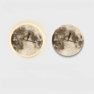 Two Moon Wall Clocks showcase a striking decorative element with realistic lunar texture. The left clock, called the Glow-in-the-Dark Moon Clock, features a glowing rim, while both display the same time.