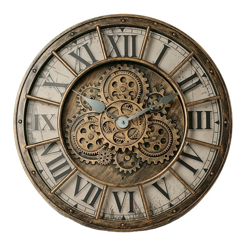 The Industrial Gearworks Wall Clock is a round, vintage-style piece featuring exposed gears, Roman numerals, and two black hands to display the time.