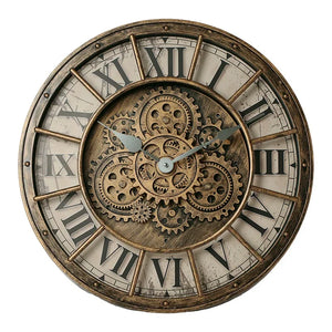 The Industrial Gearworks Wall Clock is a round, vintage-style piece featuring exposed gears, Roman numerals, and two black hands to display the time.