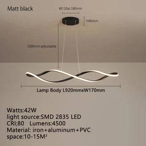 The Stylish Pendant Light boasts a modern LED design with sculptural quality and adjustable cords. Specs: 42W, SMD 2835 LED, 4500 Lumens, CRI 80. Made from iron, aluminum, and PVC with a matt black finish.