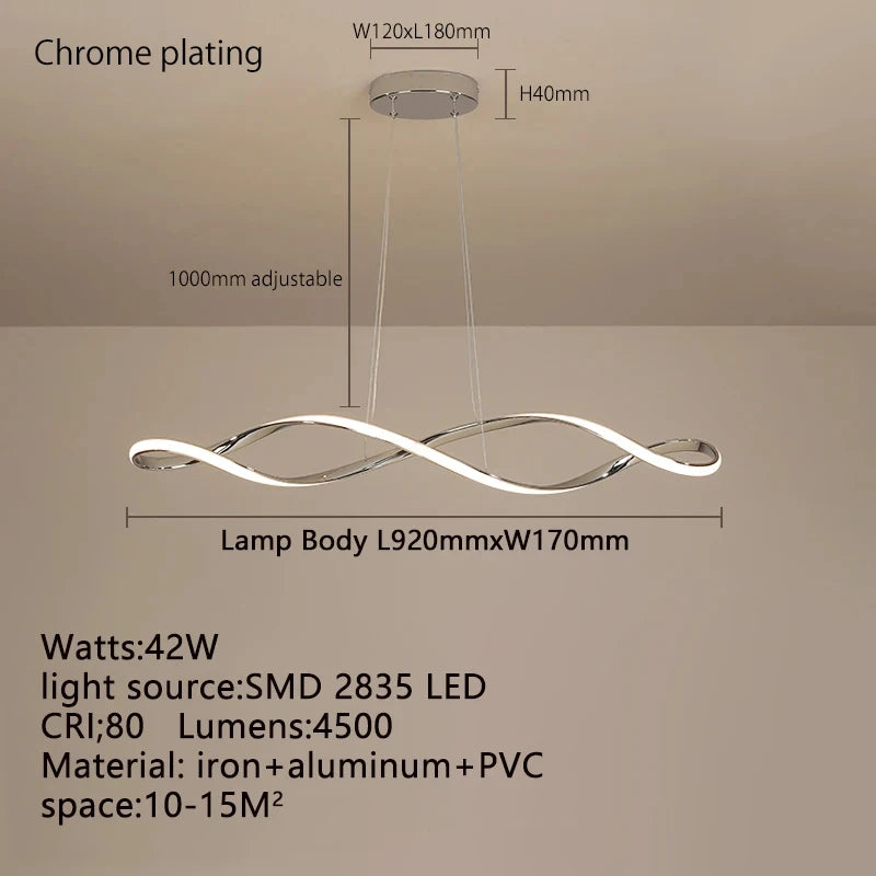 The Stylish Pendant Light, a modern ceiling fixture with a wavy chrome design and adjustable height, features 42W SMD 2835 LEDs, CRI 80, and delivers 4500 lumens. Made from iron, aluminum, and PVC, it offers sculptural quality for spaces of 10-15m².