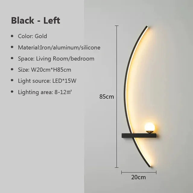 The Arc Wall Sconce, an elegant lighting solution, boasts a small spherical bulb LED light and a curved metal design in gold. Measuring W20cm x H85cm, it is perfect for illuminating living rooms or bedrooms, covering an area of 8-12m².