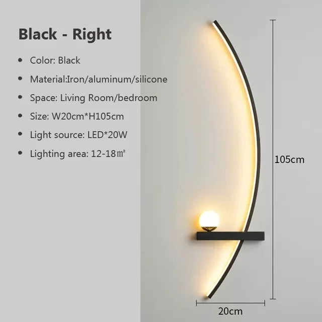 The Arc Wall Sconce, a stylish and modern lighting option, features a sleek black design with LED illumination and an integrated small shelf. Constructed from iron, aluminum, and silicone, it measures 105cm by 20cm. Perfect for living rooms or minimalist bedroom decor, it effectively lights up an area of 12-18 square meters.