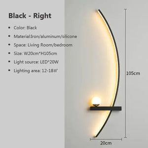 The Arc Wall Sconce, a stylish and modern lighting option, features a sleek black design with LED illumination and an integrated small shelf. Constructed from iron, aluminum, and silicone, it measures 105cm by 20cm. Perfect for living rooms or minimalist bedroom decor, it effectively lights up an area of 12-18 square meters.