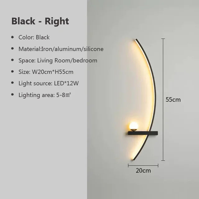 The Arc Wall Sconce is a modern black lighting fixture featuring a sleek design and detailed specifications. It measures 55cm in height and 20cm in width, incorporating elegant materials for an upscale finish. Suitable for living rooms or bedrooms, this sophisticated wall sconce utilizes a 12W LED light source to provide efficient illumination.