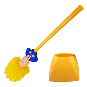 The Trump Tidy Toilet Brush features a yellow brush with a cartoon character in a suit as the handle and comes with a matching yellow holder—a funny, novelty bathroom accessory.