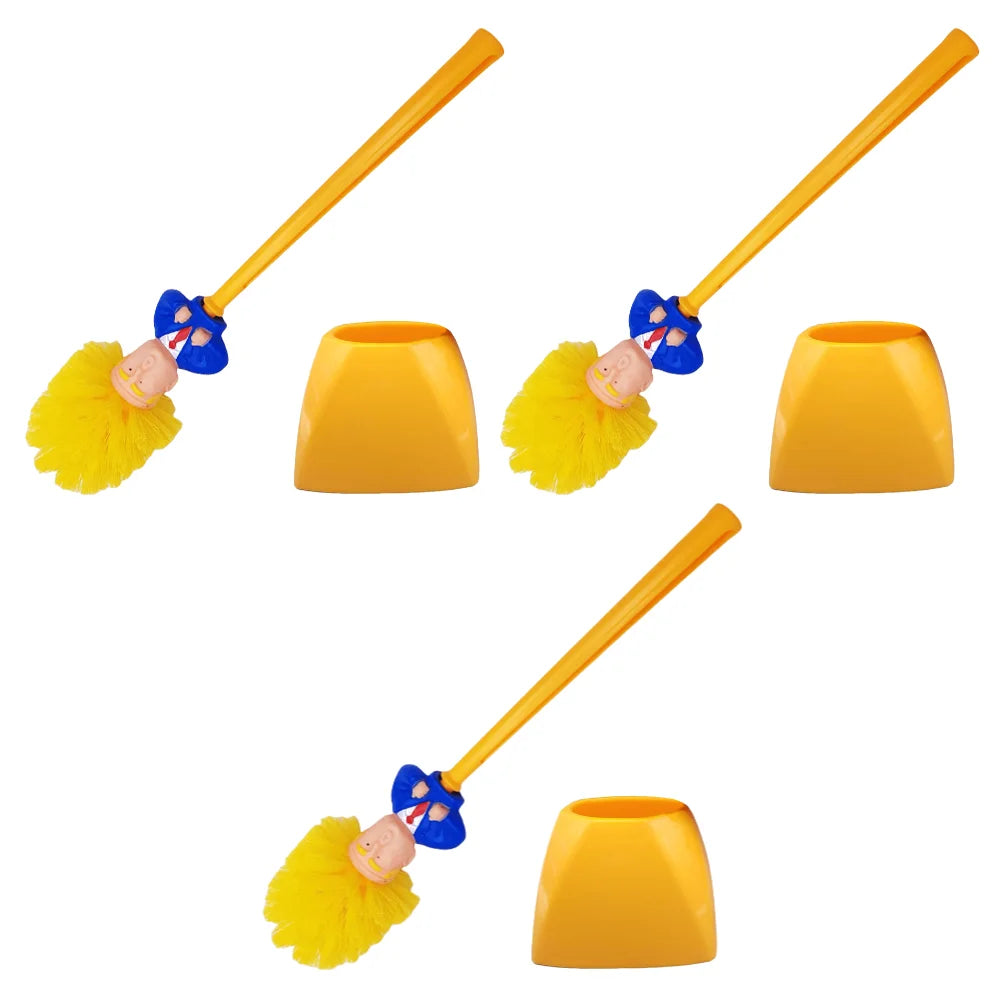 Four identical Trump Tidy Toilet Brushes with doll heads and yellow holders are arranged in a grid on a white background, adding a humorous touch to any bathroom.