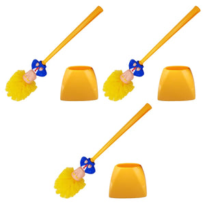 Four identical Trump Tidy Toilet Brushes with doll heads and yellow holders are arranged in a grid on a white background, adding a humorous touch to any bathroom.