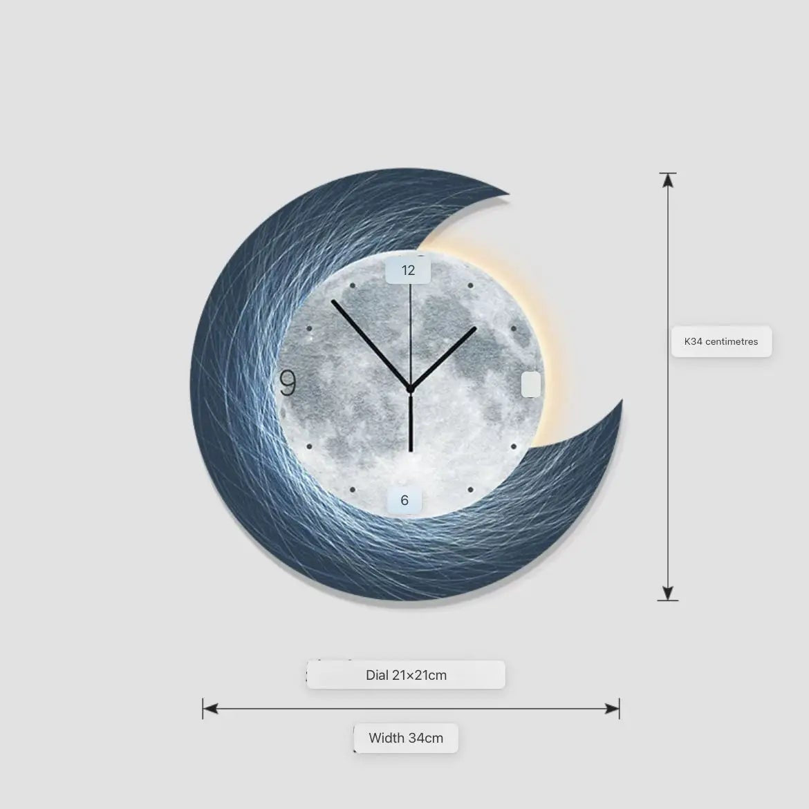 The Concentric Orbit Minimalist Wall Clock features a moon-inspired design with a crescent frame and sleek black hands. Measuring 34 cm wide with a 21 x 21 cm dial, it’s a stylish accent for any modern space.