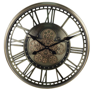 Introducing the Steampunk Wall Clock: a captivating piece with Roman numerals and an intriguing industrial vibe, complete with exposed gears at its center.