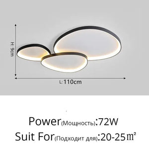 Introducing the Nordic Minimalist Ceiling Light, featuring three overlapping oval rings, 110 cm wide and 9 cm high. Perfect for 20-25 sqm spaces with dimmable brightness and 72 watts power. Customize your lighting and enhance your environment with this stylish design.