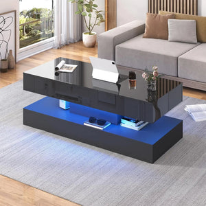 The Premium Coffee Table features a glossy black finish and blue LED lighting underneath, serving as a stylish centerpiece in a bright living room with space for items like a tablet, glass, and book on top.