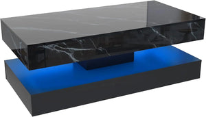 The Premium Coffee Table showcases a thick black marble-gloss top with elegant veining, a wide base, and blue LED lighting, bringing modern sophistication to any room.
