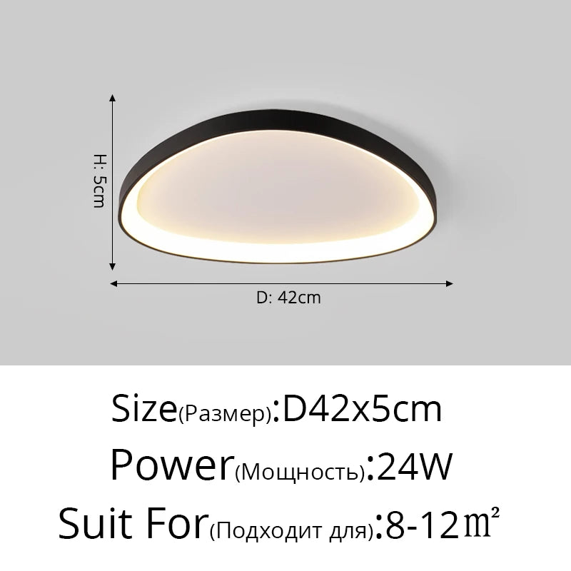 The Nordic Minimalist Ceiling Light features dimensions of 42x5 cm and a power output of 24W, offering dimmable brightness suitable for areas measuring 8-12 m².