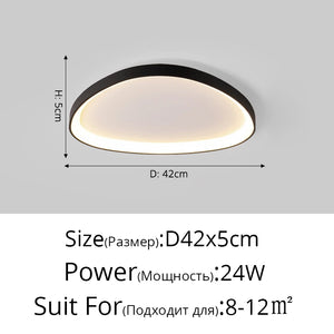 The Nordic Minimalist Ceiling Light features dimensions of 42x5 cm and a power output of 24W, offering dimmable brightness suitable for areas measuring 8-12 m².