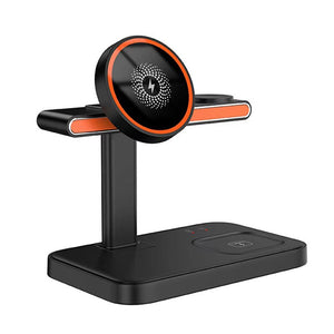 The Universal Charger SpyCam, with its sleek black and orange design, features a circular pad on a stand and a rectangular base. It discreetly conceals its spy camera capabilities while serving as a wireless charging station for seamless charging and surveillance.