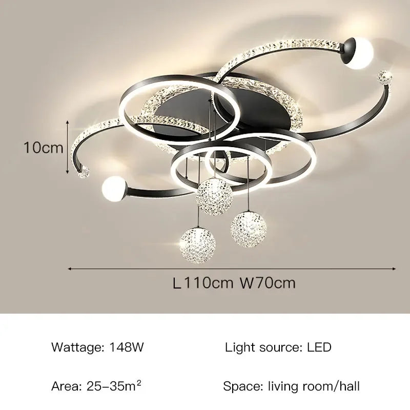 The Elegant Multi-Ring Ceiling Light is a modern LED sculptural fixture featuring a circular and spherical design, measuring 110x70x10cm and providing 148W of power, suitable for living rooms or halls sized 25-35m².
