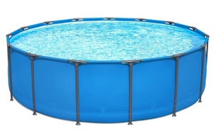 The Outdoor Swimming Pool is a round, above-ground blue pool with clear water, supported by a durable black steel frame.