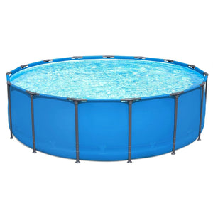 The Outdoor Swimming Pool features a round, above-ground design with a blue exterior and durable steel frame, filled with clear water—ideal for outdoor swimming.