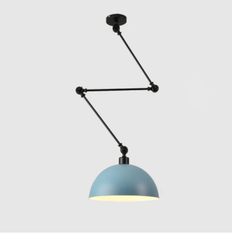 The Zig Zag Pendant Light combines industrial design with elegance, showcasing a blue dome-shaped shade, adjustable arm system, and a sleek black ceiling mount.