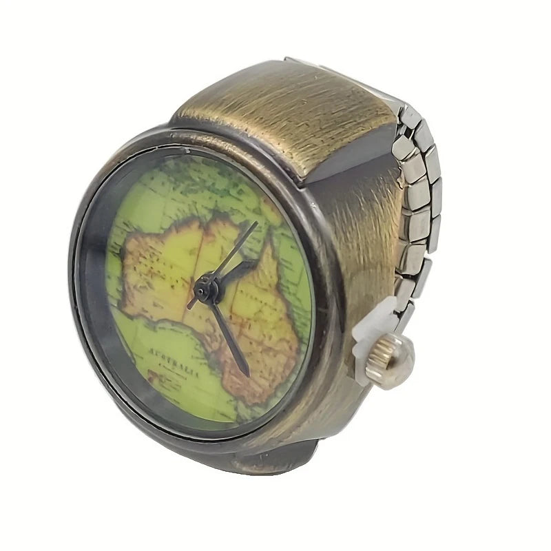The Retro Aussie Ring Watch features a metallic band and a face with a green and yellow map of Australia, blending vintage style with national pride.