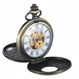 A Vintage Mechanical Pocket Watch with Roman numerals and visible movement is displayed open on a light surface.