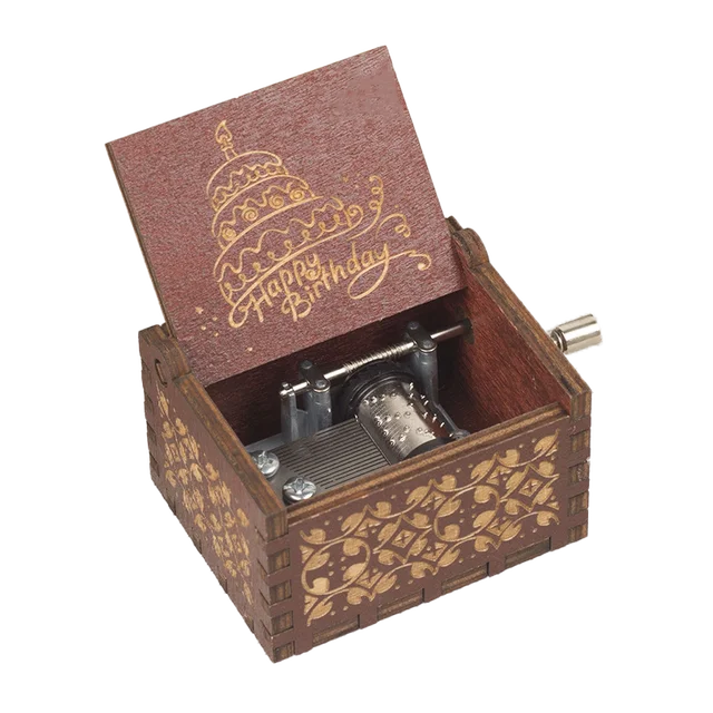 The Happy Birthday Music Box is a small wooden treasure with an open lid that reveals its intricate internal mechanisms. The lid is elegantly engraved with a birthday cake and the words "Happy Birthday." This delightful music box boasts an exterior adorned with a patterned design, making it an ideal birthday gift.