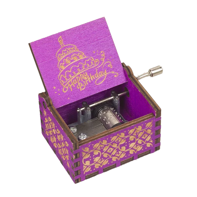Introducing the Happy Birthday Music Box: a vibrant purple and gold, hand-cranked music box featuring a winding handle and an open lid that beautifully displays a birthday cake alongside the words "Happy Birthday.