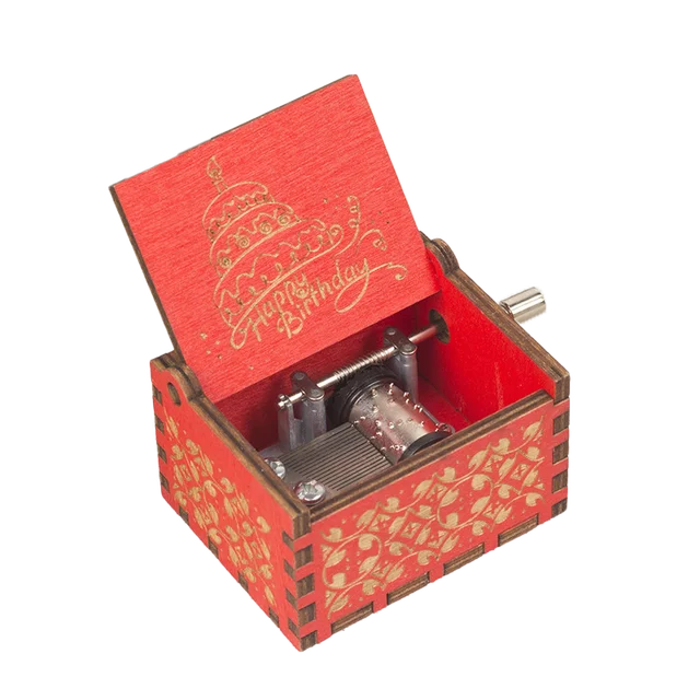 A small red wooden "Happy Birthday Music Box" with a wind-up mechanism, perfect as a gift. The inside of the lid features a "Happy Birthday" message and a cake illustration.