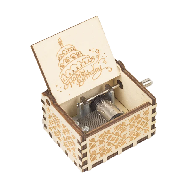 The Happy Birthday Music Box features an open lid adorned with "Happy Birthday" and a cake design, revealing the intricate inner mechanism— making it the ideal birthday gift.