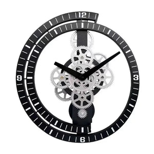 The Industrial Gear Wall Clock showcases a black frame and exposed gears, capturing a modern industrial aesthetic, with the time elegantly positioned at 10:10.