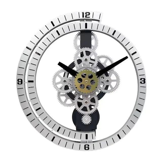 The Industrial Gear Wall Clock boasts a modern industrial aesthetic, featuring exposed gears and a skeleton design, complemented by black hour and minute hands.