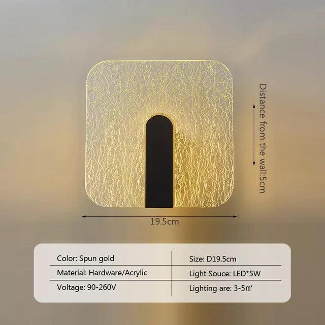 Introducing the Beautiful Wall Sconce: a square-shaped, gold-colored wall light crafted from hardware and acrylic. This minimalist design measures 19.5 cm across and requires a 5W LED light source. It is perfect for illuminating an area of 3-5 square meters, adding a touch of modern luxury to any space.
