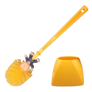 The Trump Tidy Toilet Brush is a novelty bathroom accessory featuring a cartoon Trump figure on the handle, paired with a matching yellow holder, bringing humor and playfulness to your cleaning routine.