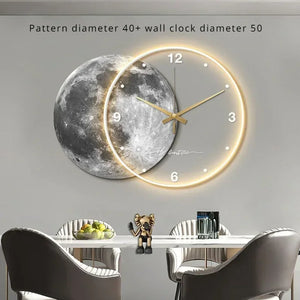 The Celestial Wall Clock Light with glowing numbers and hands is mounted above a dining table and chairs. This unique decor piece is complemented by a small decorative figure and candles on the table.