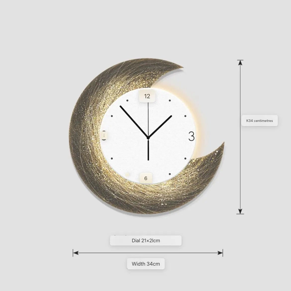 The Concentric Orbit Minimalist Wall Clock features a crescent gold frame, white face, black hands, minimal numerals, and LED backlight. Measuring 34 cm wide with a 21 cm dial, it brings striking modern style and statement lighting to any space.