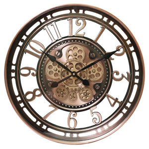 Introducing the Steampunk Wall Clock: a round, antique-style timepiece featuring exposed gears and large, ornate numbers, all coated in a rich bronze finish that infuses any space with an industrial vibe.