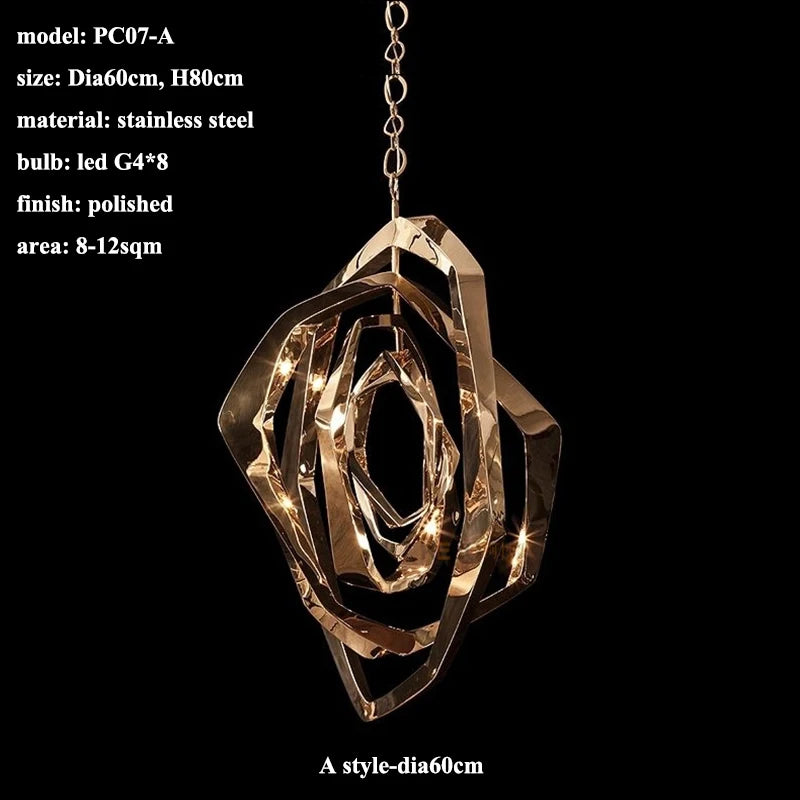 The Elegant Industrial Gallery Pendant is a gold polished stainless steel fixture with geometric rings, 8 LED bulbs, model PC07-A, 60cm diameter, 80cm height—perfect for lighting 8-12 sqm spaces in modern style.