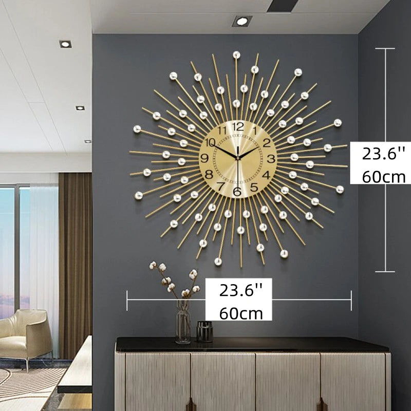 The Lux Radiance Starburst Wall Clock, a large gold sputnik design measuring 23.6 inches (60 cm) in diameter, is mounted above a cabinet in a modern living room as a striking statement piece.