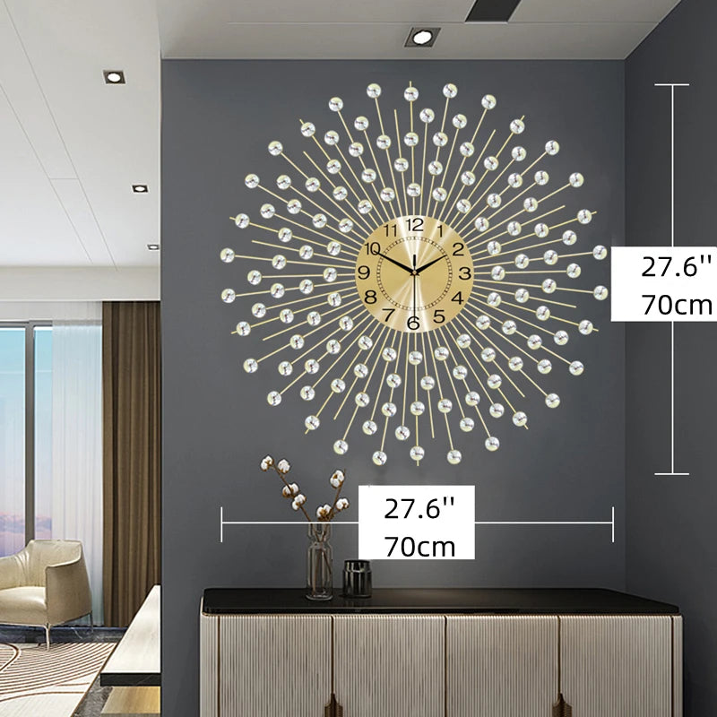 The Lux Radiance Starburst Wall Clock, featuring a 27.6-inch mid-century sunburst design, is mounted on a gray wall above a console with vases, creating a striking statement piece for your space.