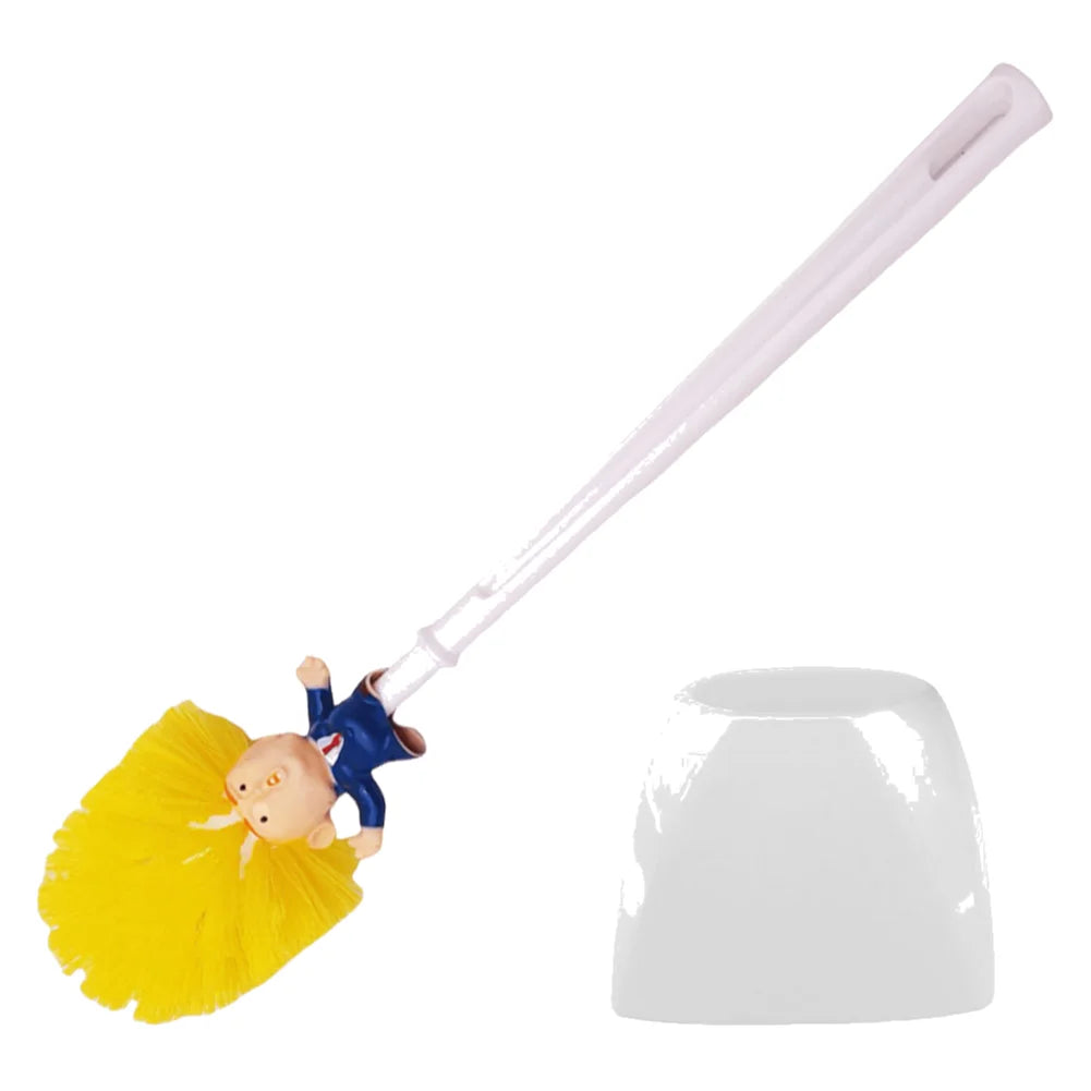 The Trump Tidy Toilet Brush is a novelty bathroom accessory featuring yellow bristles and a handle shaped like a suited figure, shown next to an upside-down white plastic bowl.