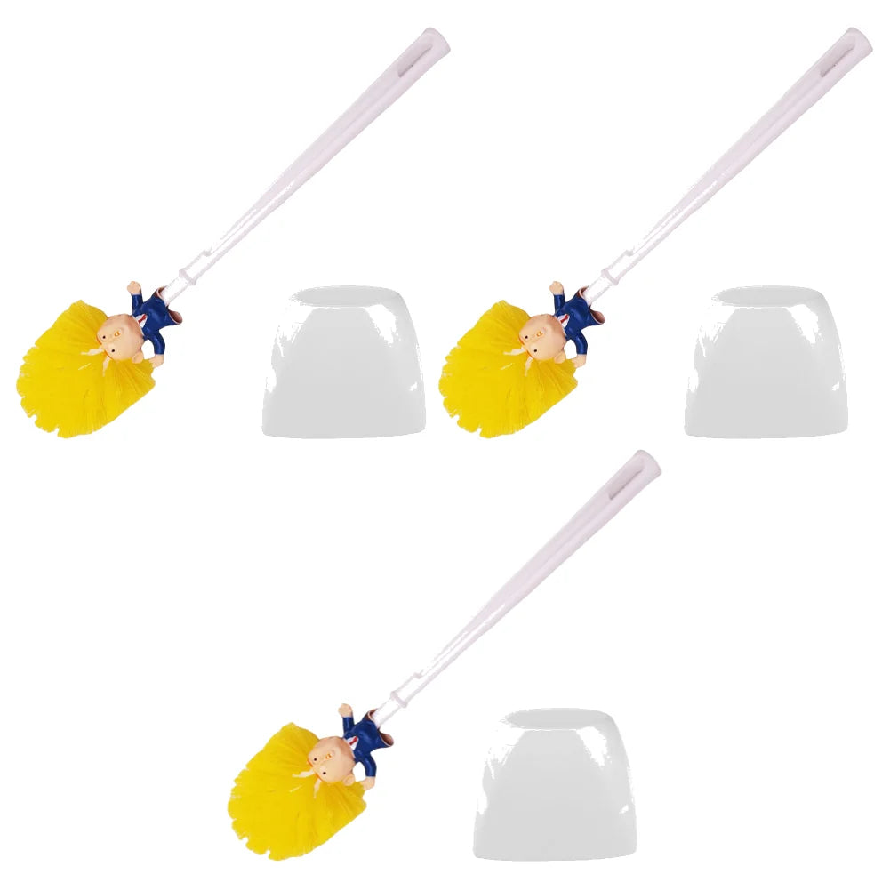 Three Trump Tidy Toilet Brushes with yellow bristles and cartoon figure handles sit above three white holders on a white background, making a perfect novelty bathroom accessory.