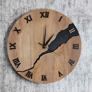 Introducing the Wooden Round Wall Clock, a rustic modern timepiece with a natural wood finish and Roman numerals. This clock features a distinctive crack design—an elegant black line—that stylishly separates the clock face from 2 to 8.