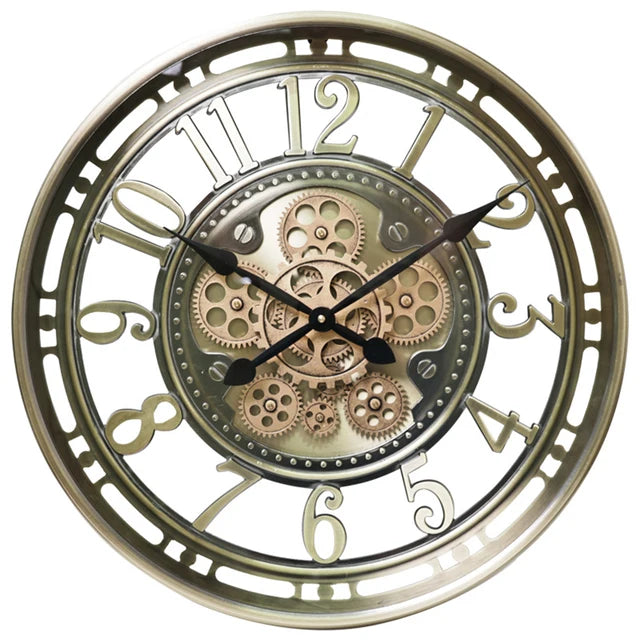 This Steampunk Wall Clock showcases a round design with exposed gears and Roman numerals, exuding an industrial vibe. It has two sleek black hands to indicate the time.
