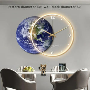 Celestial Wall Clock Light with an Earth design hangs above a dining set, its translucent face elegantly displaying numbers. The vibrant cosmic imagery adds a unique decor touch, while text above indicates available sizes.