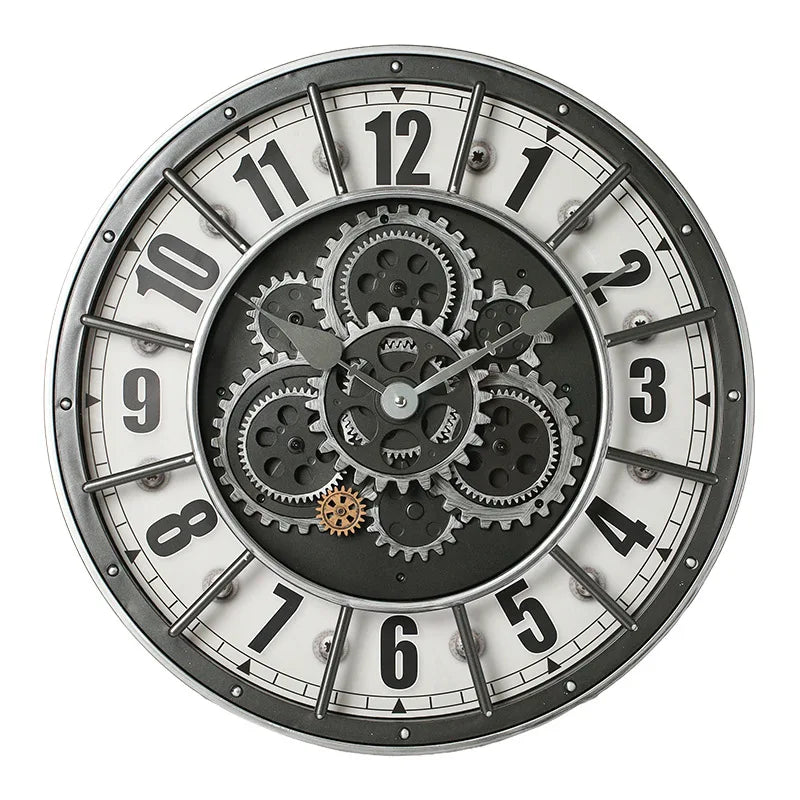 The Industrial Gearworks Wall Clock features exposed black and gray gears, a silver frame, and bold black numbers on a white face—an ideal statement piece for adding an industrial touch to any room.