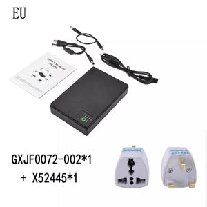 The image displays a black Portable UPS for WiFi Router, two power adapters, various cables, and a user manual labeled "EU." The text reads "GXJF0072-002*1 + X52445*1," indicating it is a 10400mAh device designed to provide seamless power backup.