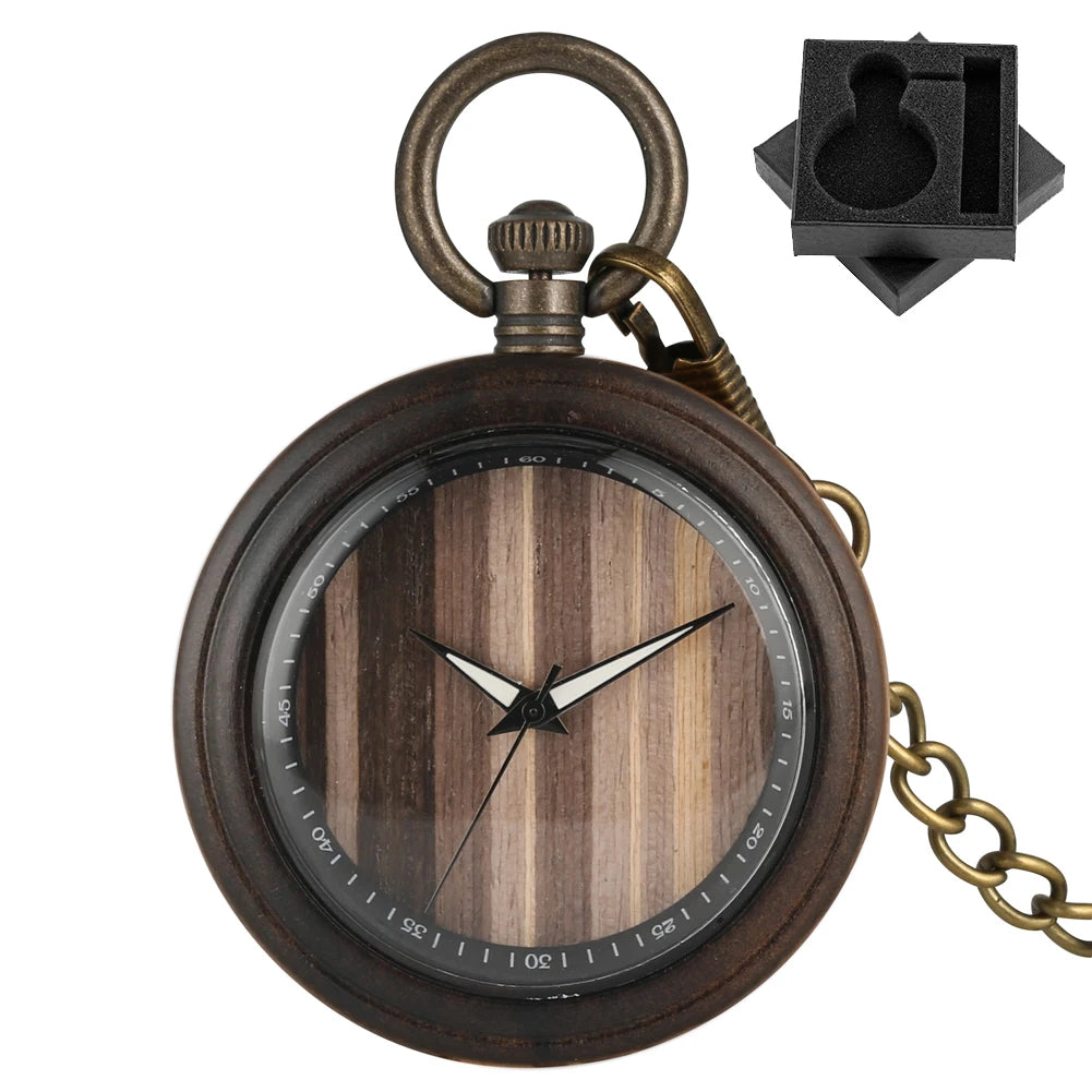 The Wooden Pocket Watch features a round wood-patterned face, black hands, metal casing and chain, plus a black foam insert—an elegant gift and a stylish addition to any wooden pocket watch collection.