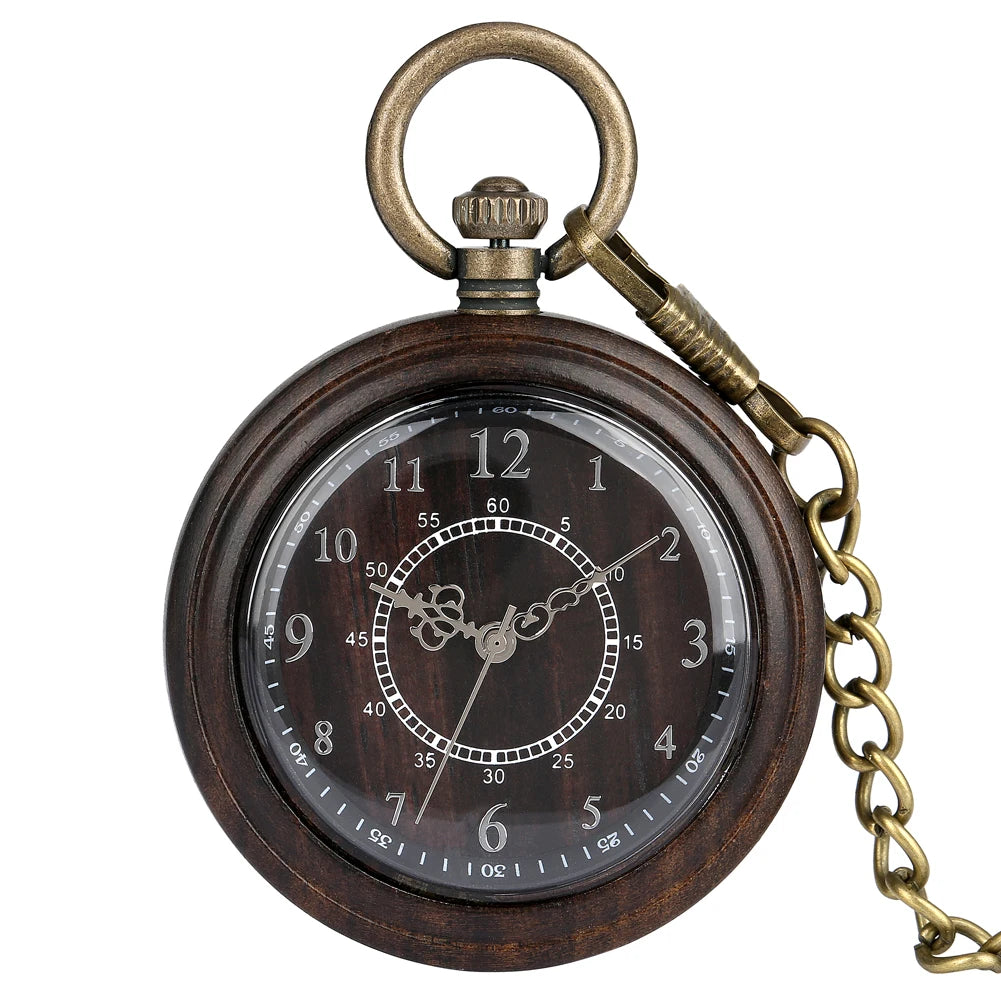 The Wooden Pocket Watch features a round dark wooden casing, ornate clock hands, Arabic numerals, and a brass chain—making it a unique addition to any wood watch collection.